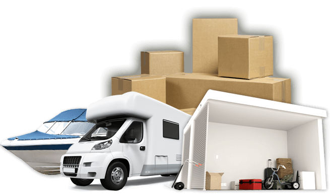 A gathering of photos including a boat, camper, boxes and storage unit.