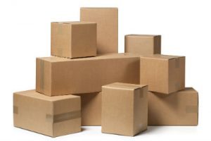 A bunch of different sized brown boxes.